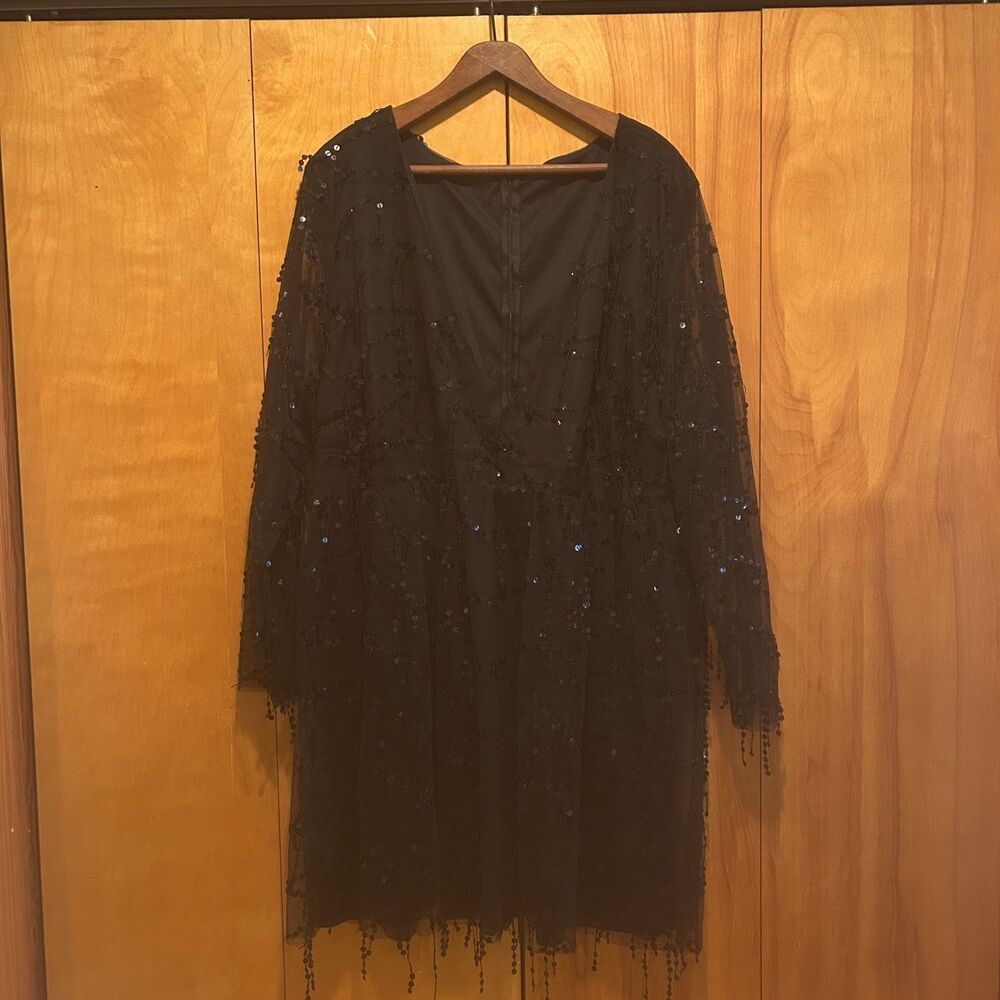Black Sequin Dress-Deep‎ V Neck-Mesh Sleeves-**Read**-Fairy-Whimsigoth-Formal